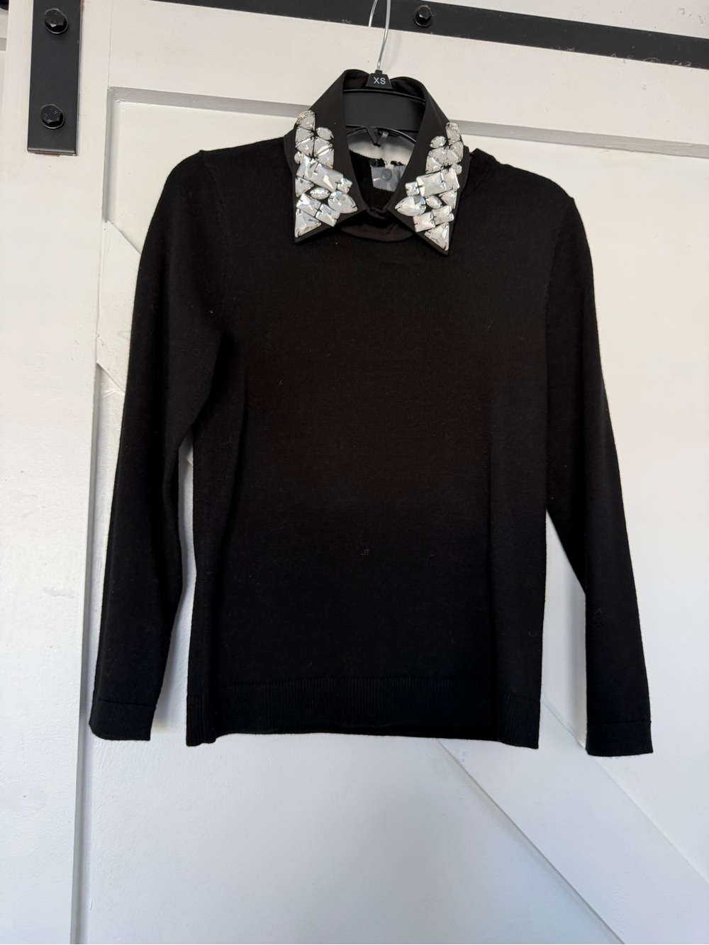 Alice + Olivia Black Crewneck Sweater with Crystal Embellished Collar